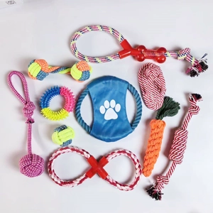 Detail of 10-piece durable cotton rope and rubber dog chew toys in various colors