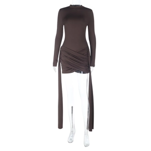 Detail of deep brown slim fit dress showing side pleats and vertical ribbon design