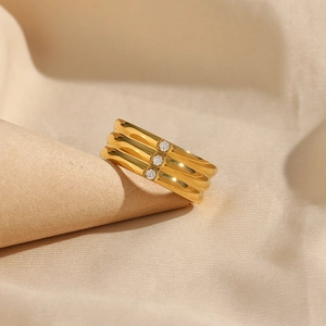 Detail of 18K gold plated triple band ring featuring three vertically set round zircons