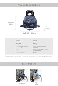 Size chart showing denim backpack dimensions of 19x20x9cm and material weight specs
