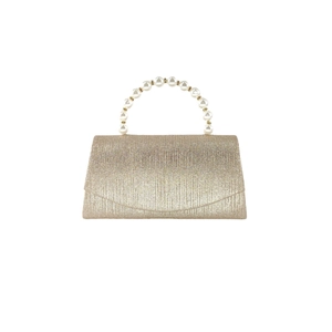 Sparkling gold sequin evening clutch bag with elegant white pearl beaded top handle