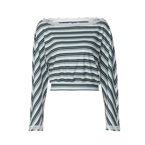 Detailed view of striped long-sleeve knit top with white lace trim on cuffs and boat neck