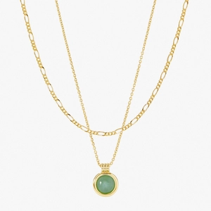 Double-layered 24K gold plated Figaro chain necklace with round green aventurine pendant