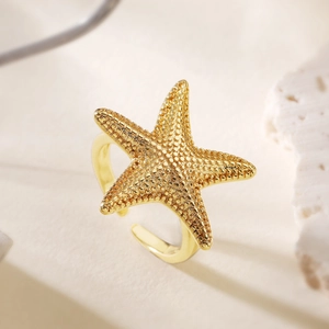 Minimalist 18K gold starfish open ring with unique textured metallic finish for women