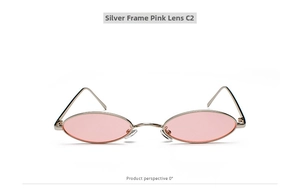 Front view of Y2K style silver metal sunglasses with oval pink lenses and adjustable nose pads