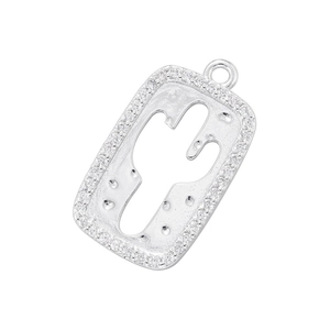 Detail of silver rectangle pendant with hollow cactus motif and sparkling zircon borders