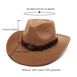 Brown western wool felt cowboy hat with vintage star badge and size measurements