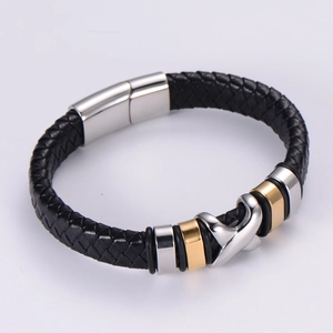 Men's braided leather bracelet with stainless steel magnetic clasp in gold and silver finish