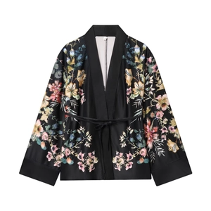 Floral satin wrap blazer and elastic waist pants set in black floral print