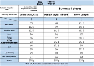 Detailed size chart and fabric specifications for the spring women's jacket and trousers set