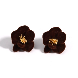 Detailed view of dark red flocked flower earrings with golden metallic floral centers