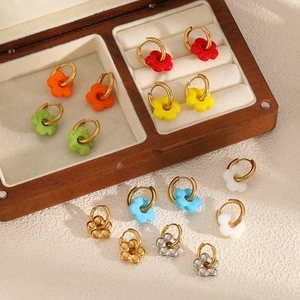 Floral Hoop Earrings Stainless Steel Colorful Resin Flower Pendant Sweet Pastoral Style Jewelry For Women