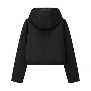 Back view of hooded black windbreaker jacket with adjustable drawstring hem for women