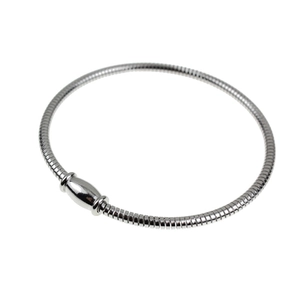 Detailed view of silver stainless steel snake chain bracelet with barrel magnetic clasp