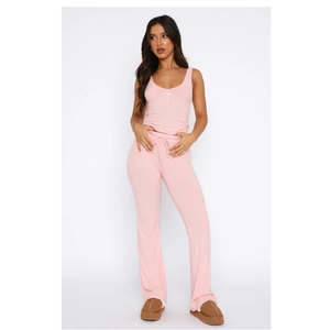 Women Ribbed Knit Two Piece Set Sleeveless V Neck Button Top And Wide Leg Flared Pants Casual Loungewear