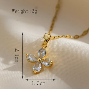 Detailed view showing the 2.1cm flower pendant with white zircons and dimensions