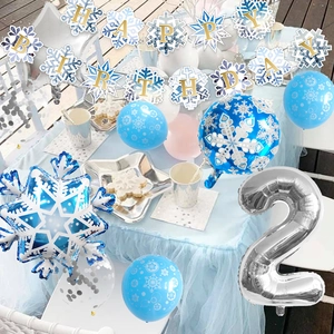 Blue and silver snowflake theme birthday party decoration set with balloons and banners