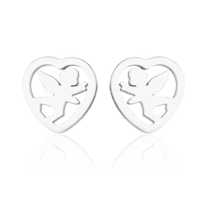 Détails de boucles d'oreilles en forme de cœur argenté avec motif d'ange Cupidon évidé