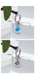 Detailed view of heart zircon earrings with dimensions 1.99cm height and 0.51cm width