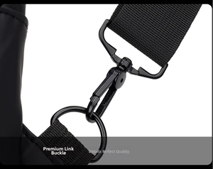 Macro view of matte black metal hook and high-density nylon strap detail on men's sling bag