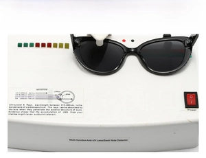 Detail showing cat-eye sunglasses under UV400 protective lens testing device