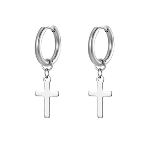 Pair of minimalist silver stainless steel hoop earrings with cross pendants for unisex wear