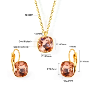 Detail showing 45cm gold plated stainless steel necklace and champagne crystal earrings