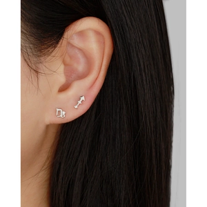 Close-up of S925 silver zodiac ear studs with sparkling crystals on human ear