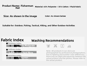 Detailed material specifications for camo fishing hat with 65% polyester and 35% cotton