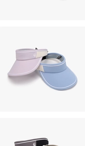 Detail of lavender and light blue sun visors showing soft brim and G logo on the side