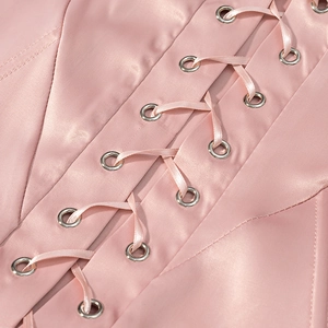 Pink satin corset top with elegant lace-up back design and metallic eyelets detailing