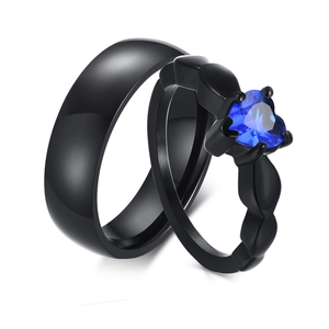 Heart Blue Cubic Zirconia Couple Rings Black Plated Stainless Steel Matching Promise Lovers Jewelry