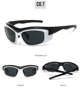 Detailed views of black and white sports sunglasses showing front, back and 45-degree angle
