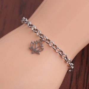 Fashionable stainless steel silver lotus pendant bracelet for men and women on wrist