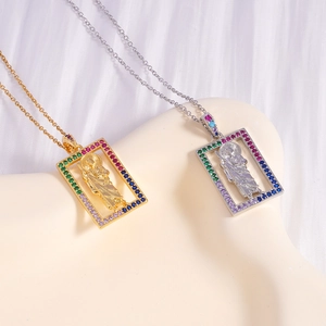 Square St. Jude Thaddeus pendant necklace in gold and silver with colorful zircon frame