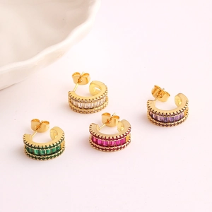 Gold C-shaped hoop earrings with colorful rectangular gems and micro-pave crystals