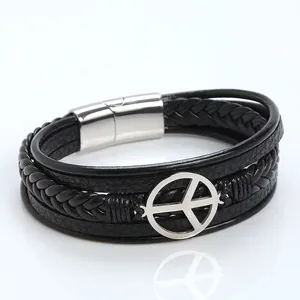 Men's punk leather owl bracelet with woven straps and silver magnetic metal clasp