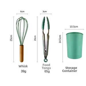 Detailed view of Morandi green silicone whisk, food tongs, and storage bucket set