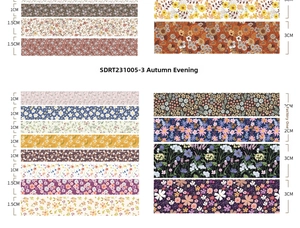 Detailed chart showing floral washi tape patterns in 1cm, 1.5cm, 2cm, and 3cm widths