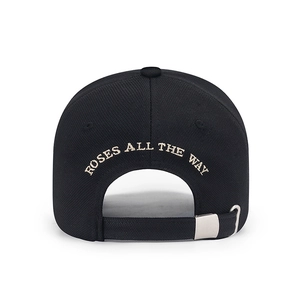 Black baseball cap back view with Roses All The Way embroidery and metal buckle
