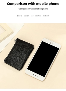 Compact black cowhide leather coin purse shown next to a smartphone for size reference
