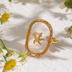 Starfish Open Ring Stainless Steel Gold Plated Adjustable Marine Sea Life Summer Beach Jewelry For Women Dainty Retro