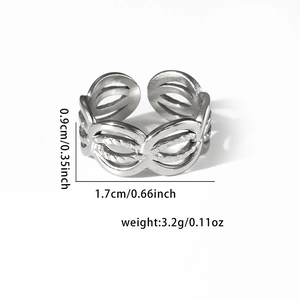 Detail of silver woven open ring showing 0.9cm height and 1.7cm diameter dimensions