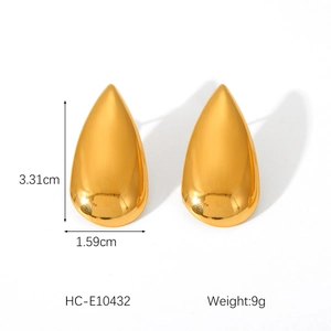 Detailed view of polished gold water drop earrings with dimensions 3.31cm height