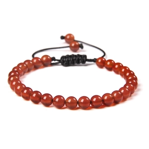 Adjustable woven bracelet with 6mm polished dark orange-red agate stone beads