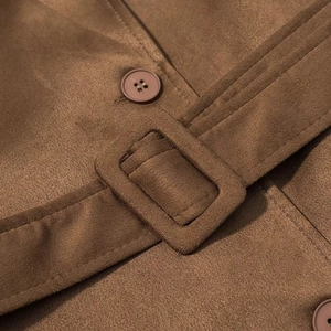 Brown faux suede trench coat details featuring classic belt buckle and double-breasted buttons