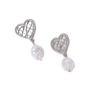 Minimalist stainless steel earrings featuring hollow heart studs and baroque pearl drops