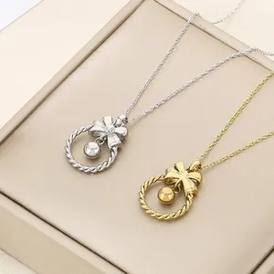 Collier Pendentif Nœud Papillon Anneau Torsadé Acier Inoxydable Bijoux Perle Ronde Creuse Pour Femme Cadeau