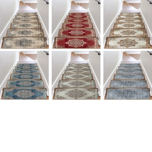 Close-up of Persian style non-slip stair treads showing six vintage color patterns