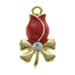 Red tulip pendant with gold stem, enamel finish and diamond inlay for jewelry DIY